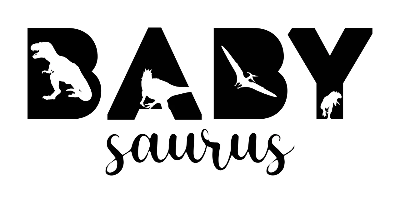 BABY saurus dinosaur typography with bold typography, script font, dinosaur silhouettes and pterodactyl cutout in black and white