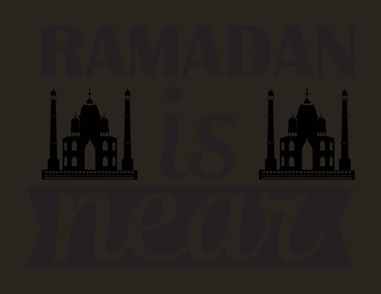 RAMADAN is near Typography Design with RAMADAN text, near text on black ribbon, mosque silhouette left and mosque silhouette right in white contrast preview thumbnail