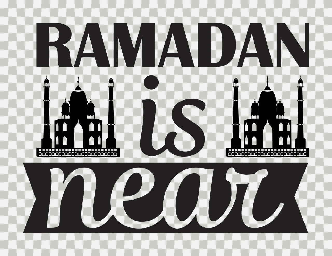 RAMADAN is near Typography Design with RAMADAN text, near text on black ribbon, mosque silhouette left and mosque silhouette right in white transparency and detail preview thumbnail