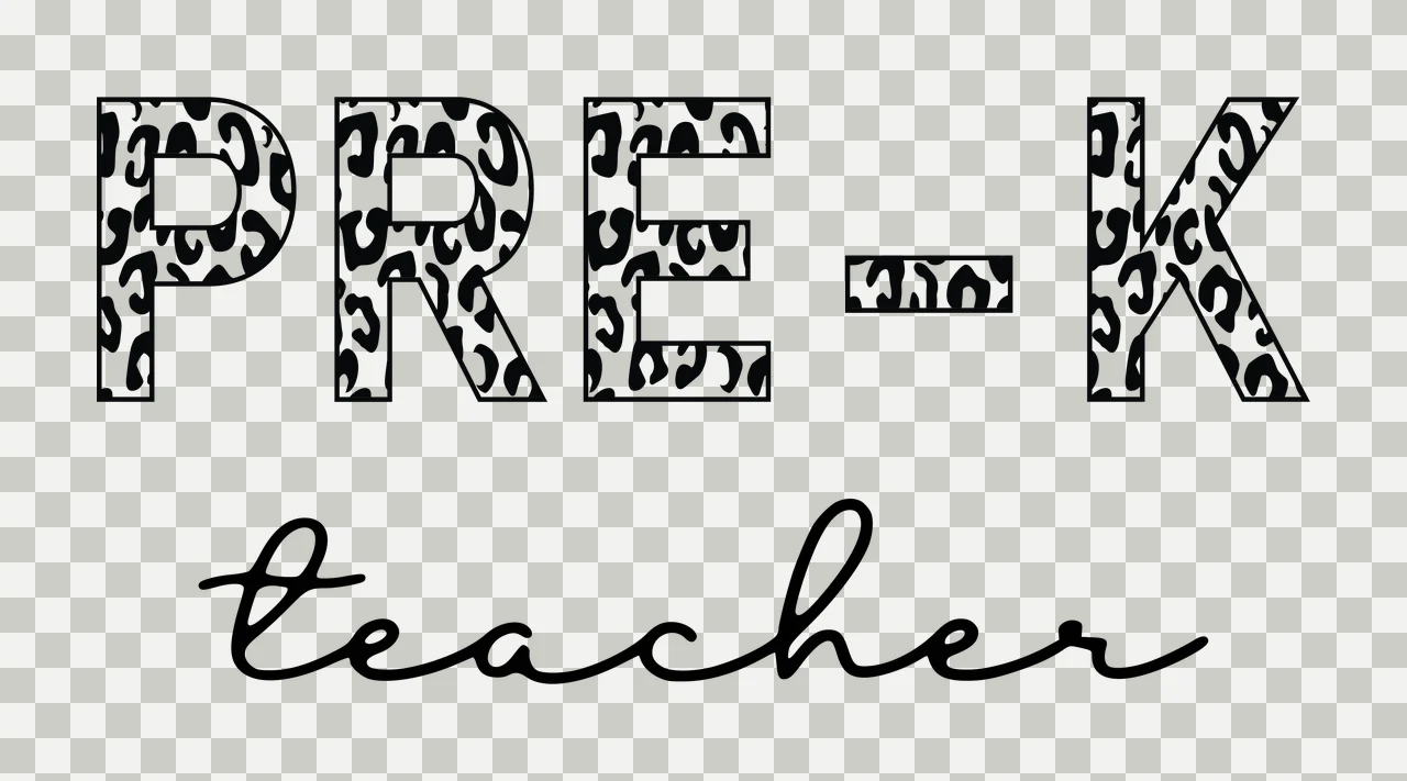 PRE-K teacher Typography Design with PRE-K letters with leopard print and cursive 'teacher' text in black and white transparency and detail preview thumbnail