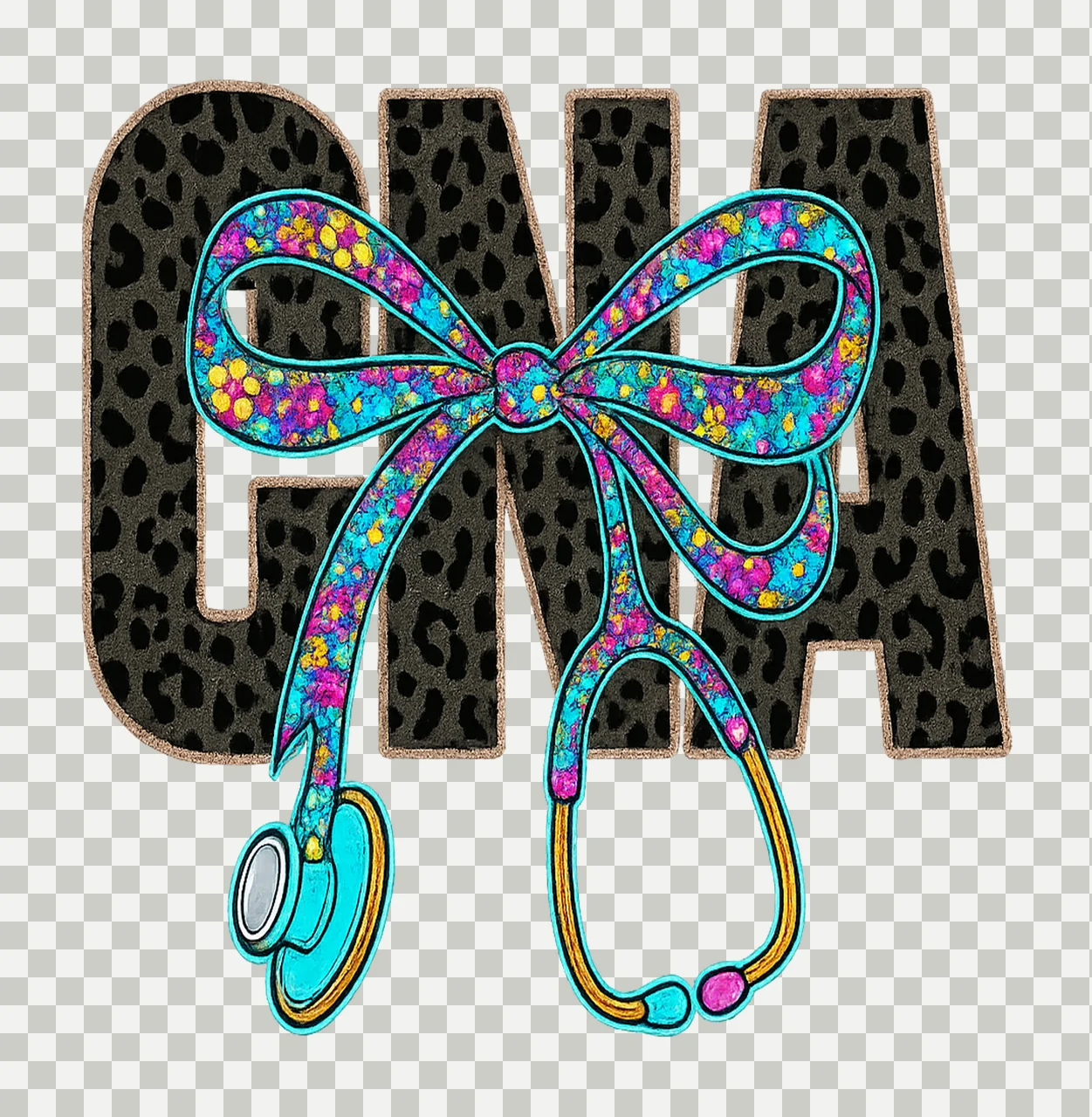 Cna Leopard Text With Glitter Bow stethoscope print cartoon transparency and detail preview thumbnail