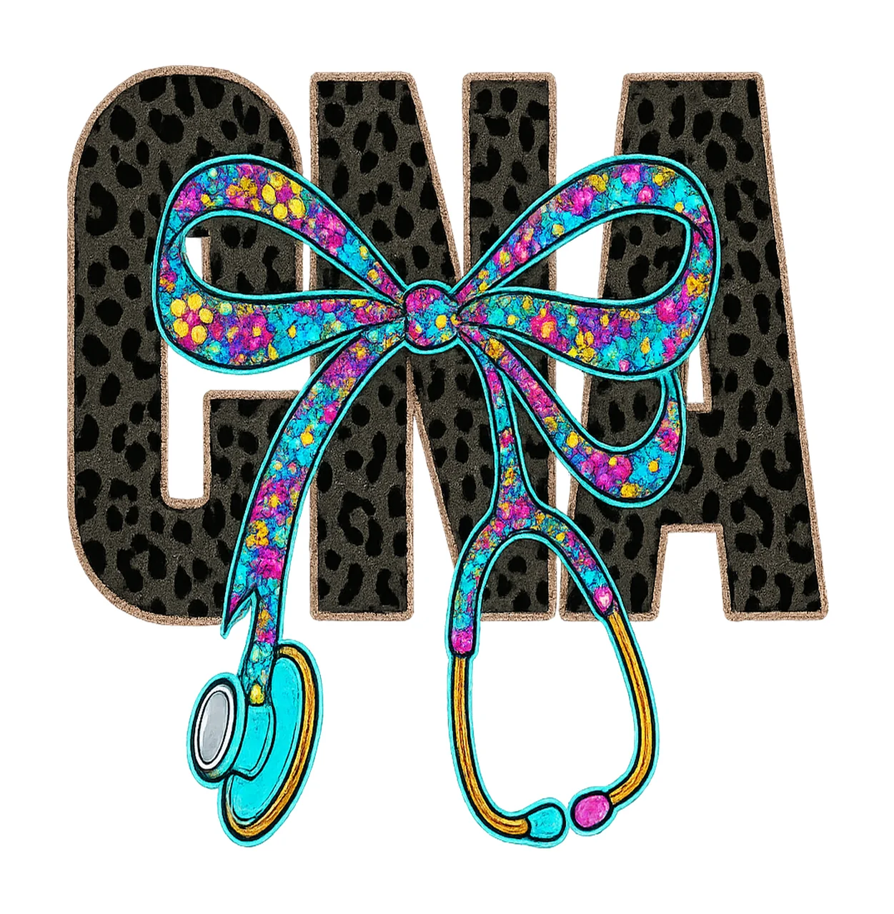Cna Leopard Text With Glitter Bow stethoscope print cartoon