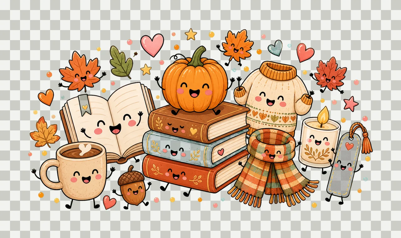 Cute Fall Book Characters Cozy Autumn Reading Variation B transparency and detail preview thumbnail