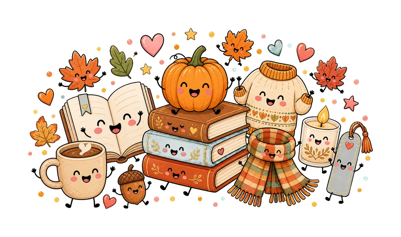 Cute Fall Book Characters Cozy Autumn Reading Variation B