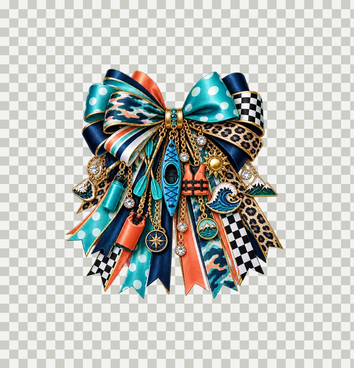 Kayaking Lover Bow Charm PNG, Themed Gold Chain Charms, Coquette Ribbon Sublimation Design, Transparent Digital Download transparency and detail preview thumbnail