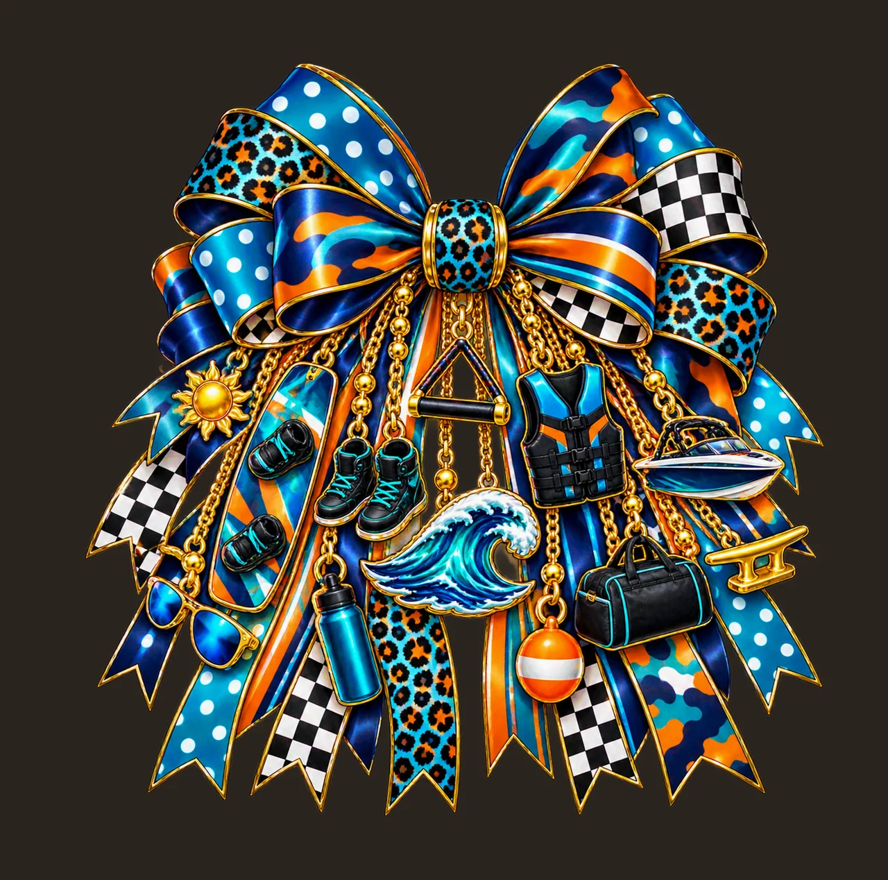 Wakeboarding Lover Bow Charm PNG, Gold Chain Charms, Transparent Sublimation Design, Digital Download contrast preview thumbnail