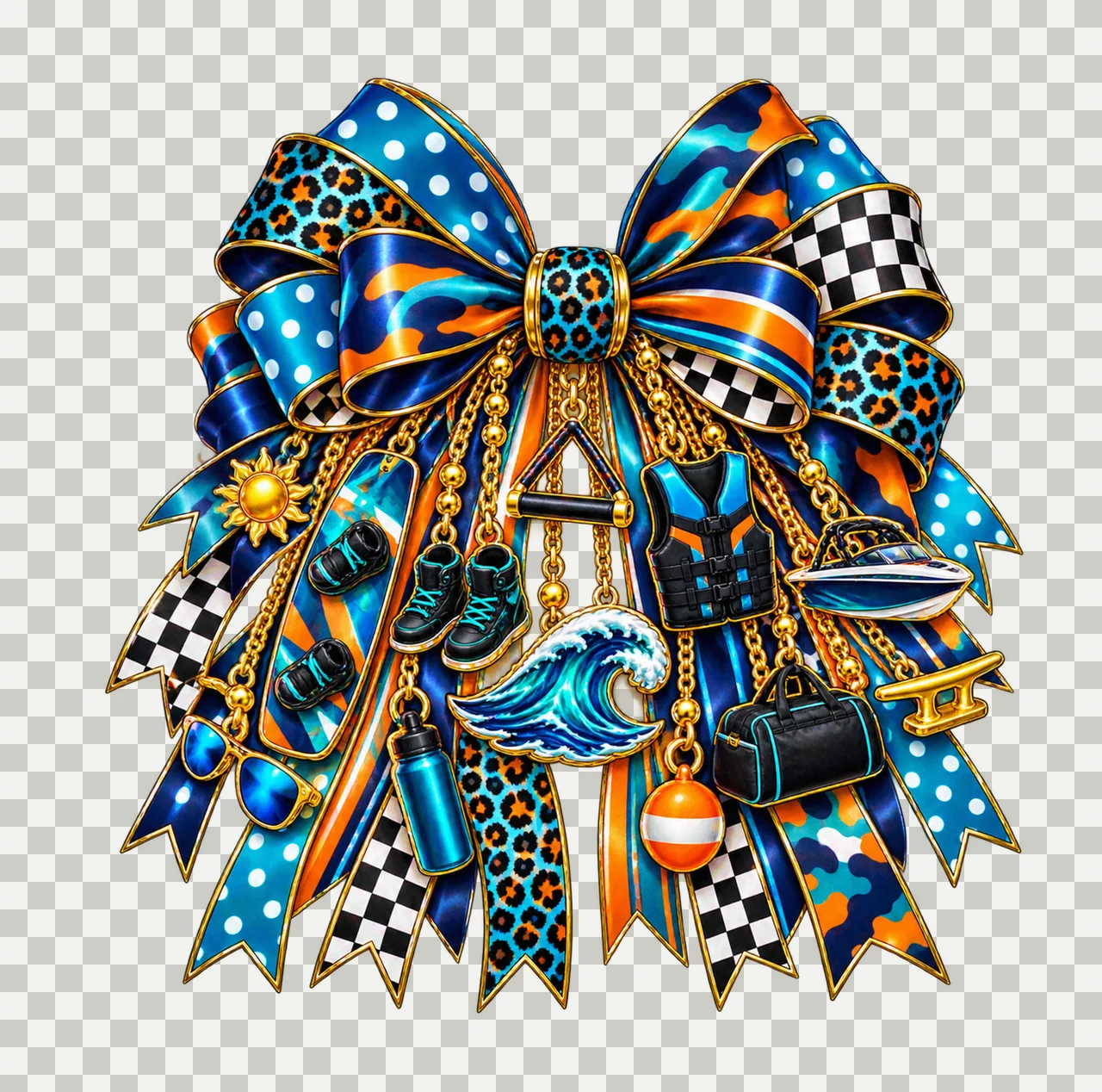 Wakeboarding Lover Bow Charm PNG, Gold Chain Charms, Transparent Sublimation Design, Digital Download transparency and detail preview thumbnail