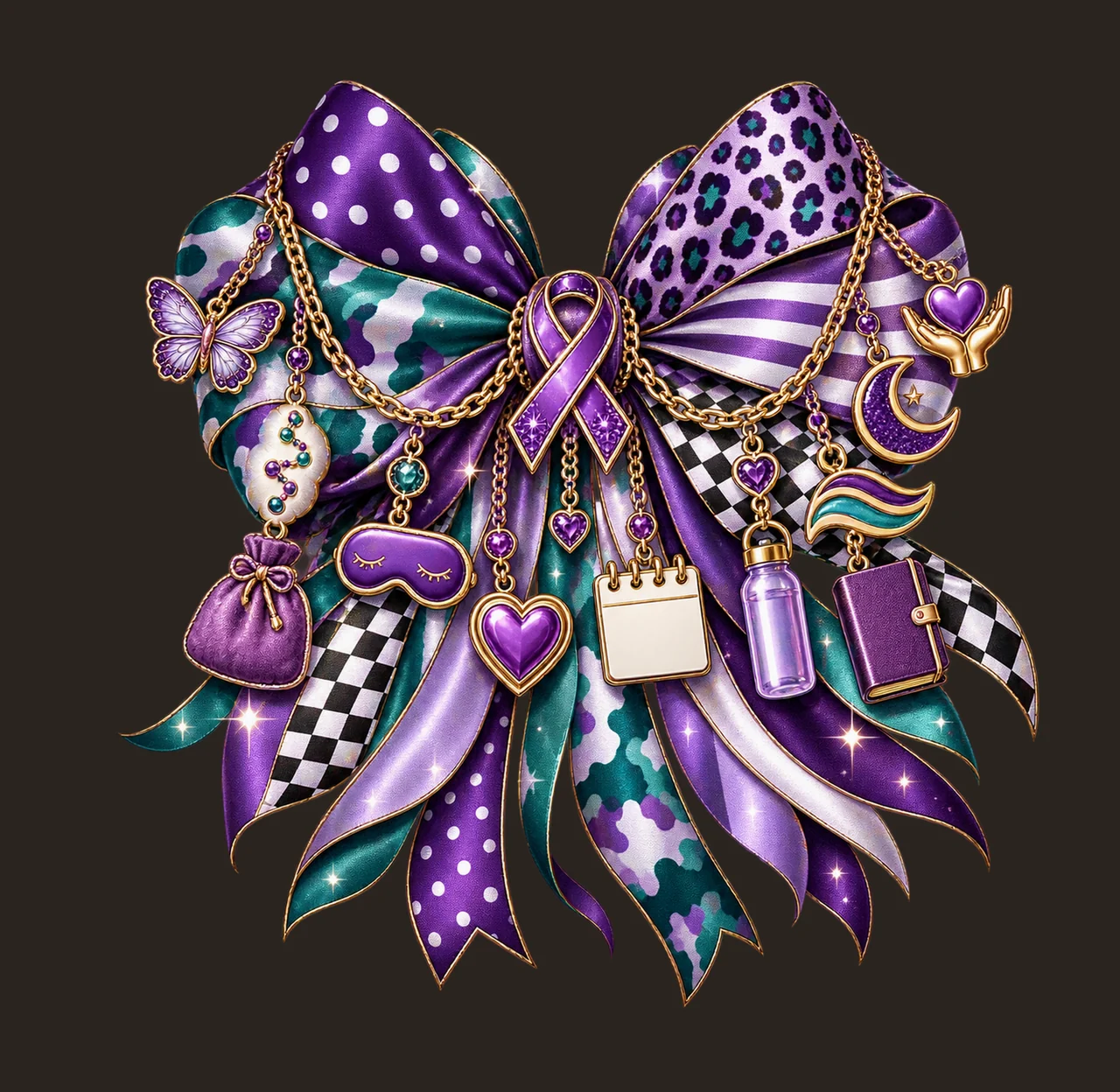 Fibromyalgia Awareness Bow Charm PNG, Themed Gold Chain Charms, Coquette Ribbon Sublimation Design, Transparent Digital Download contrast preview thumbnail