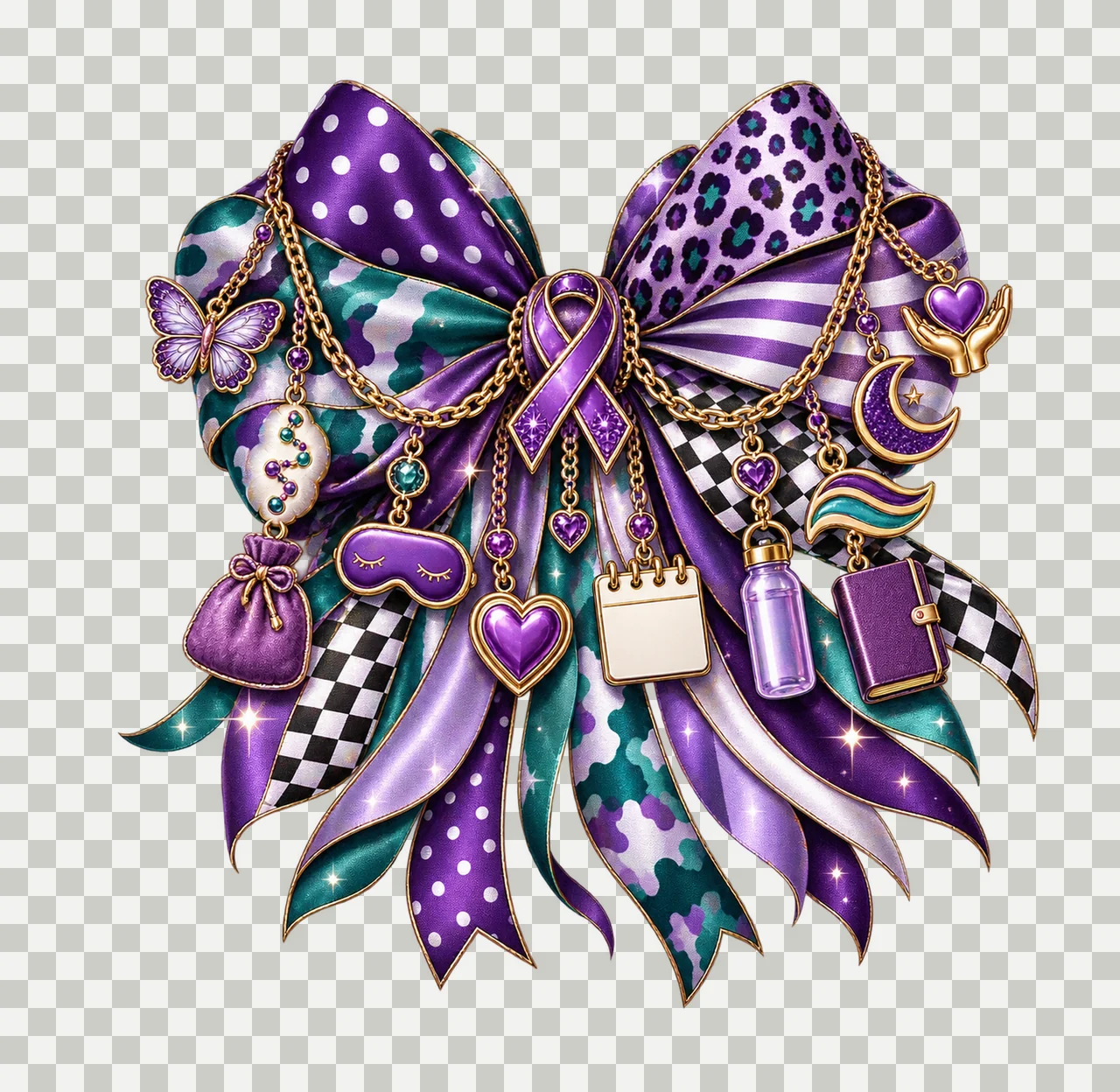 Fibromyalgia Awareness Bow Charm PNG, Themed Gold Chain Charms, Coquette Ribbon Sublimation Design, Transparent Digital Download transparency and detail preview thumbnail