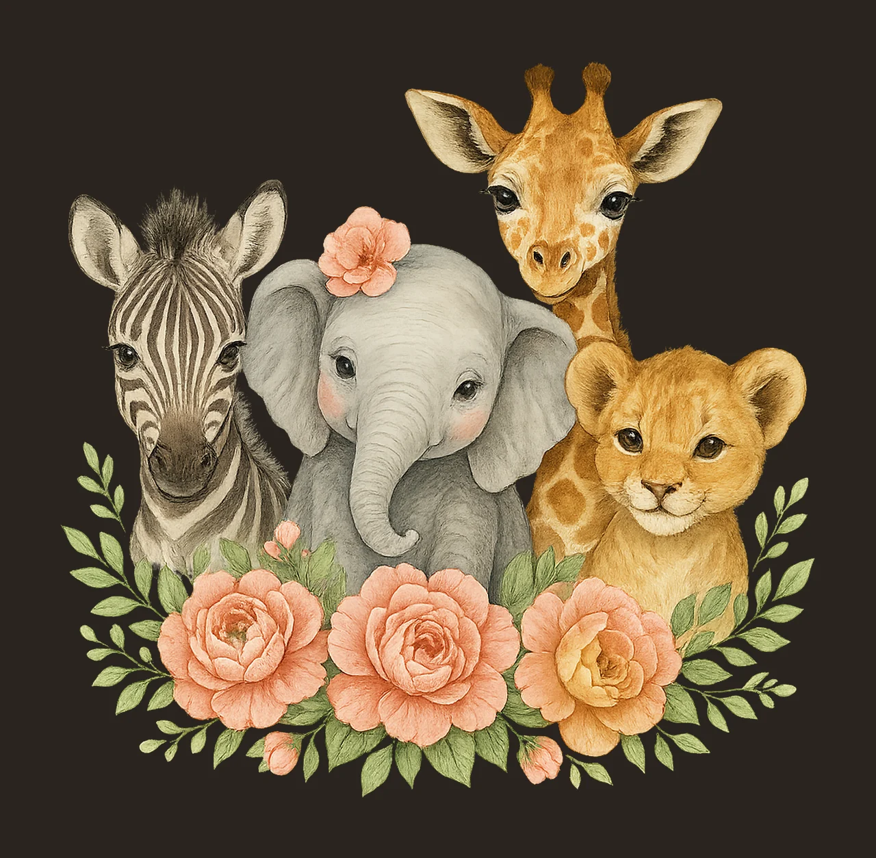 Baby Safari Animals Flowers Watercolor Wild One Birthday contrast preview thumbnail