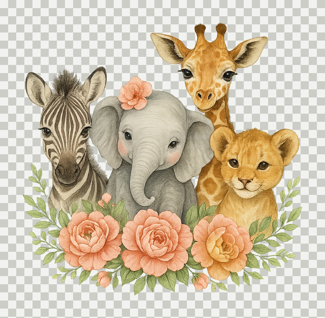 Baby Safari Animals Flowers Watercolor Wild One Birthday transparency and detail preview thumbnail