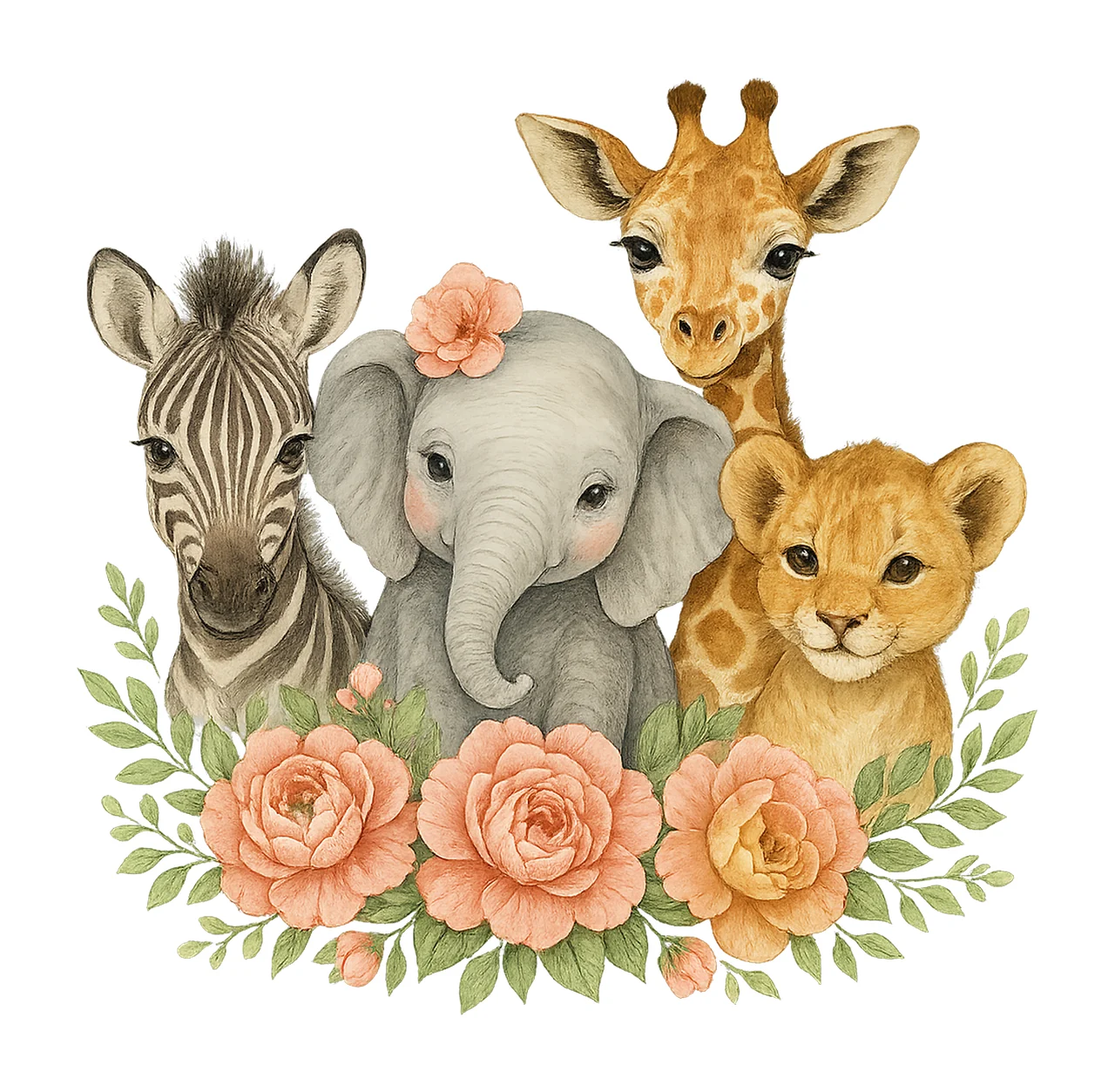 Baby Safari Animals Flowers Watercolor Wild One Birthday