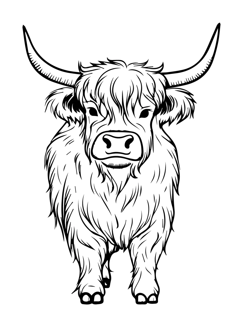 Cow Highland Line Drawing standing horns black white animal