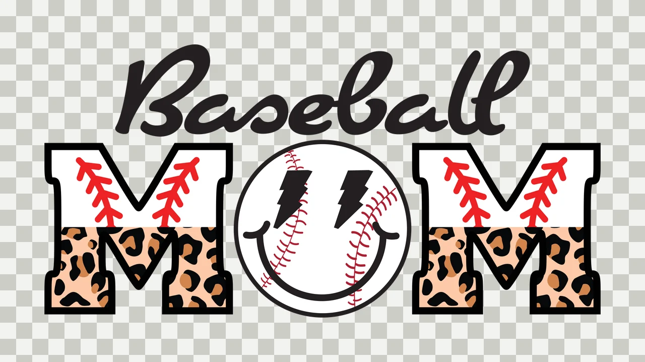 Baseball MOM Typography Design with black cursive 'Baseball', black outlined 'M' with leopard print lower half, red baseball stitching on 'M' letters and circular smiley face with red stitching transparency and detail preview thumbnail