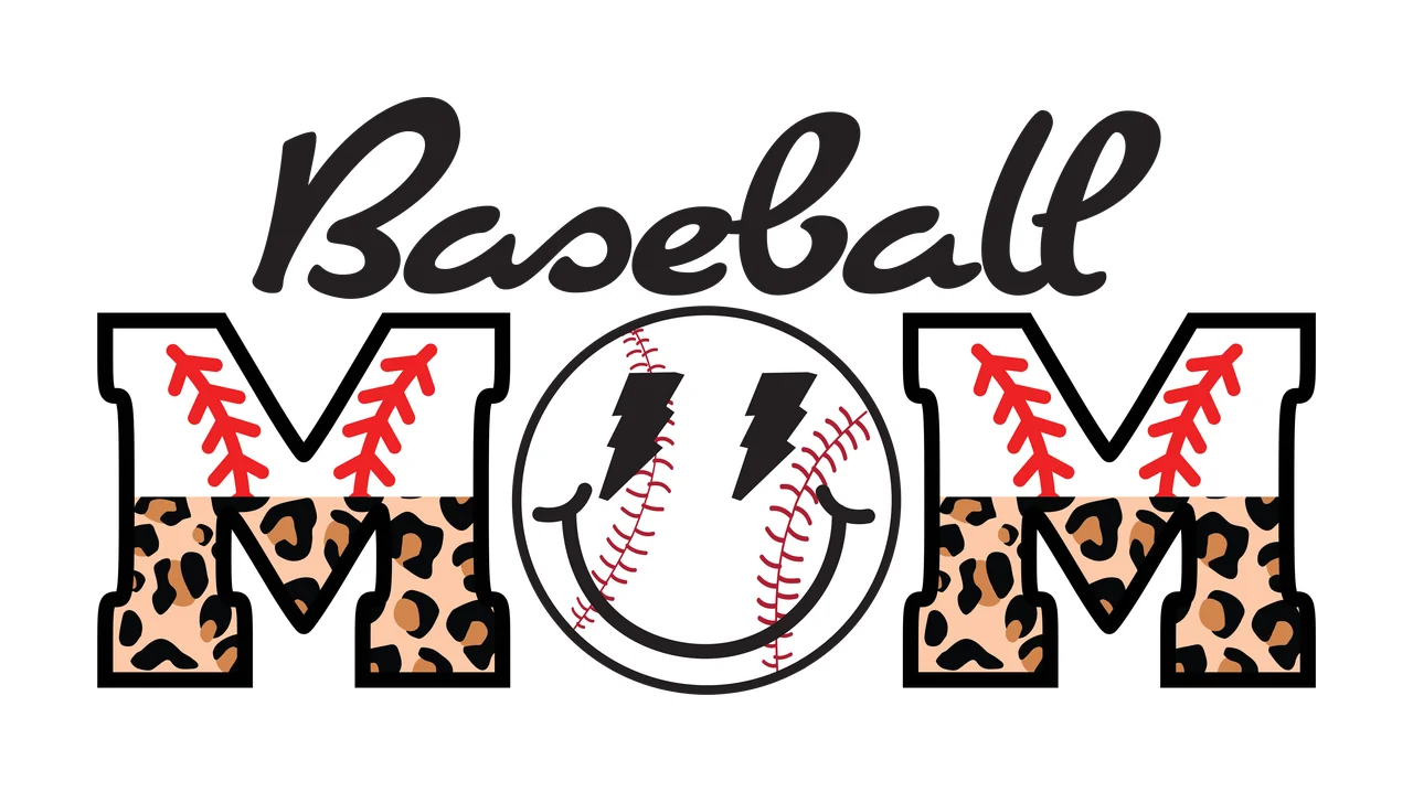 Baseball MOM Typography Design with black cursive 'Baseball', black outlined 'M' with leopard print lower half, red baseball stitching on 'M' letters and circular smiley face with red stitching