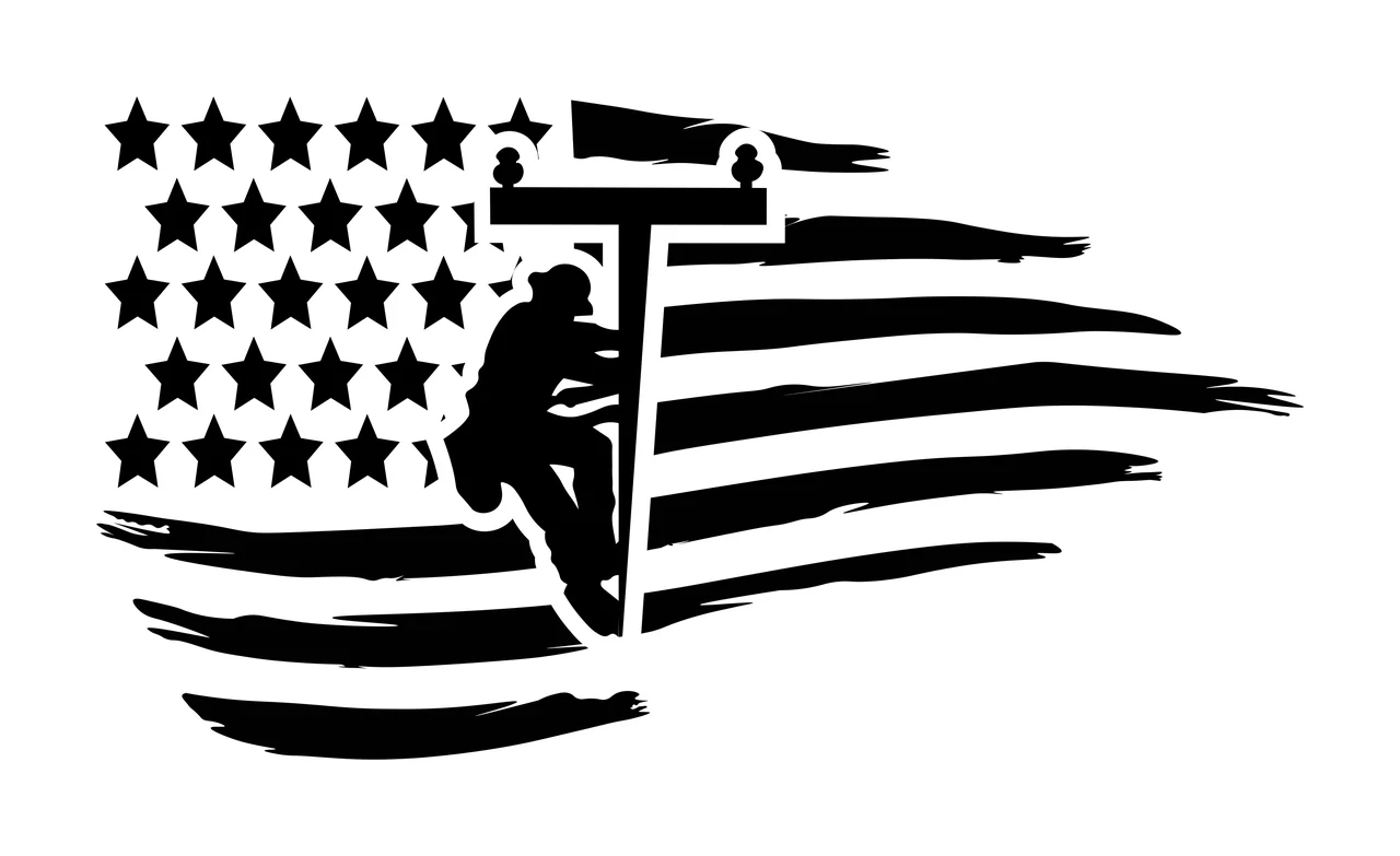 American Flag With Utility Worker Silhouette climbing pole