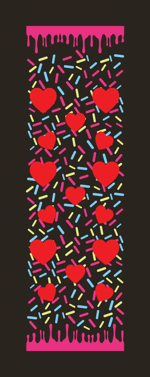 Hearts and sprinkles pattern Illustration with red hearts, colorful sprinkles, dripping pink icing and border pattern in blue contrast preview thumbnail