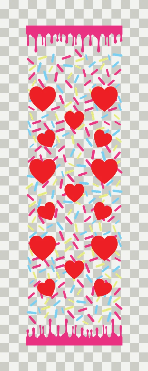 Hearts and sprinkles pattern Illustration with red hearts, colorful sprinkles, dripping pink icing and border pattern in blue transparency and detail preview thumbnail
