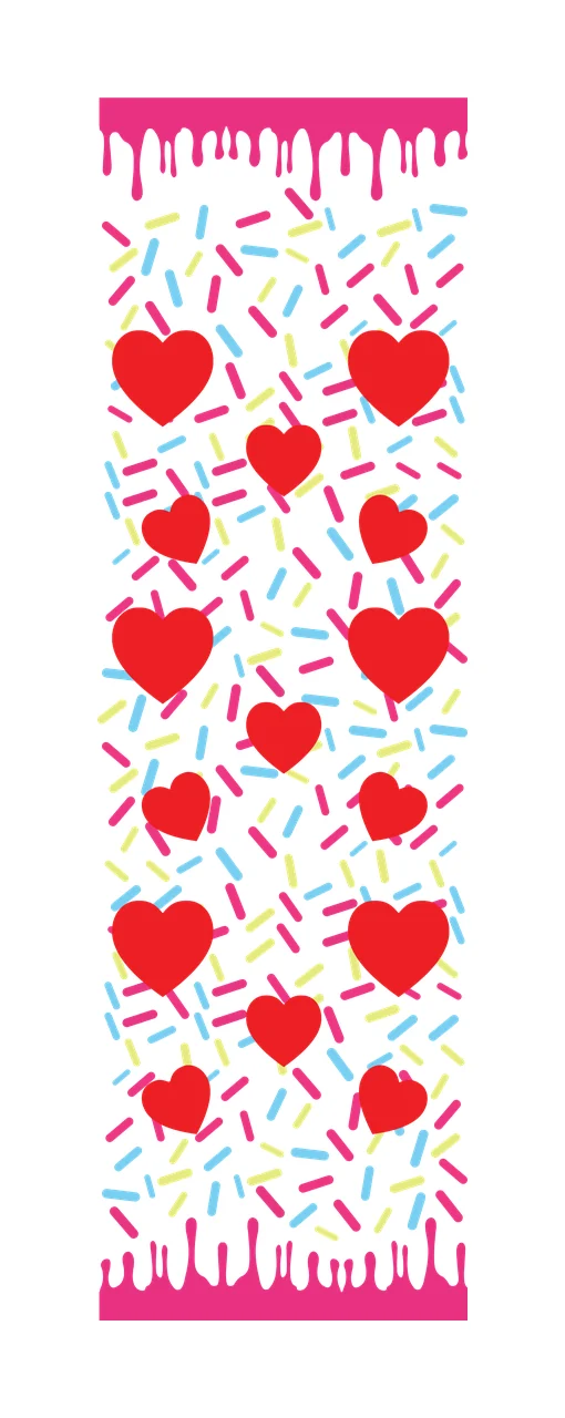 Hearts and sprinkles pattern Illustration with red hearts, colorful sprinkles, dripping pink icing and border pattern in blue