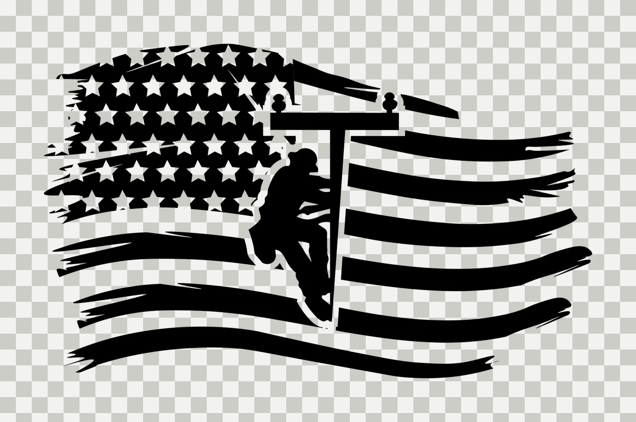Utility Worker On Waving Flag climbing pole silhouette black transparency and detail preview thumbnail