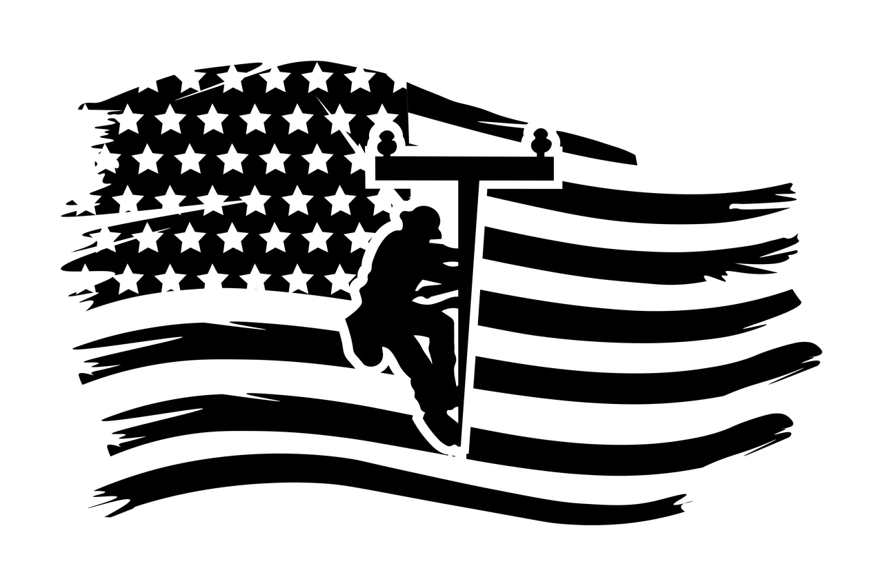 Utility Worker On Waving Flag climbing pole silhouette black
