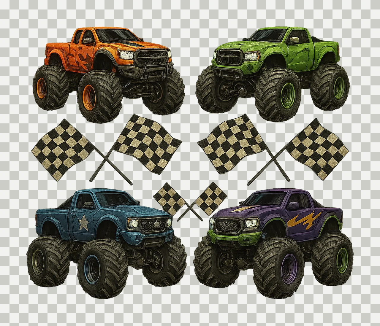 Monster Truck Checkered Bows Sublimation Kids Shirt Design transparency and detail preview thumbnail