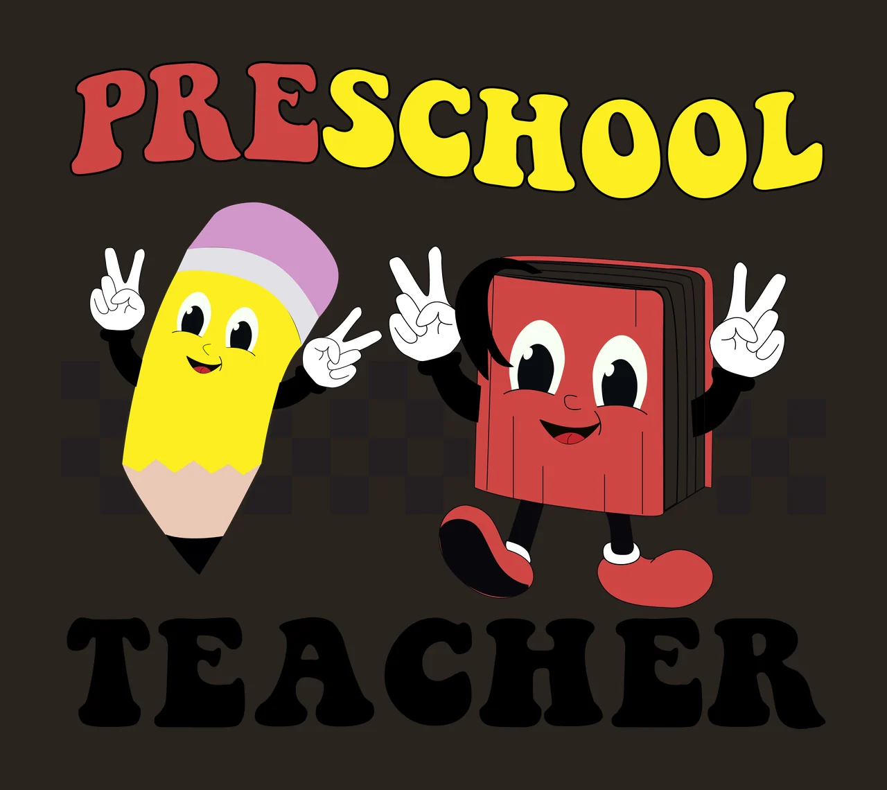 Pencil And Book Characters cartoon making peace signs checkerboard contrast preview thumbnail