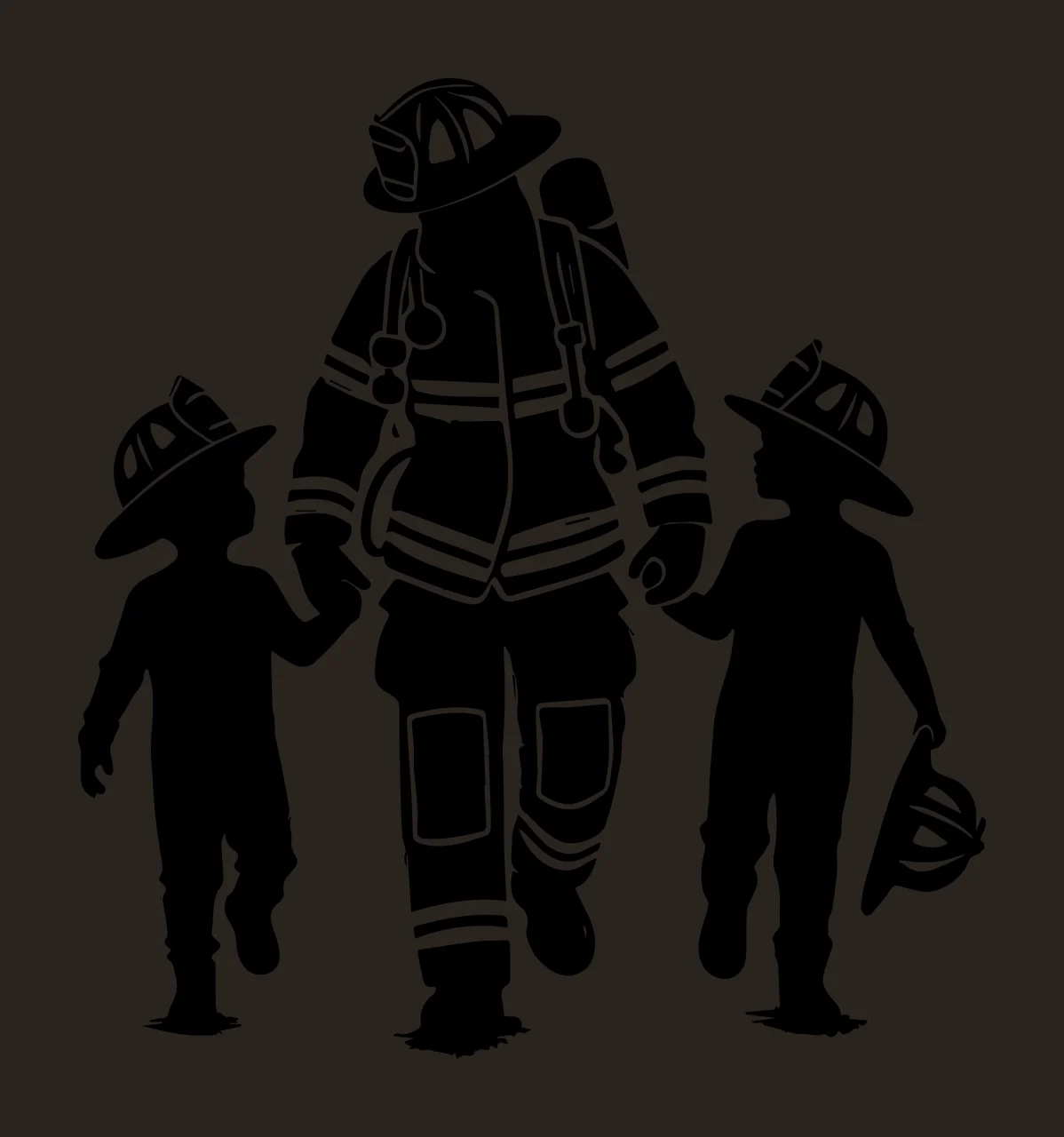 Firefighter Standing Between Two Small Children Holding hands contrast preview thumbnail