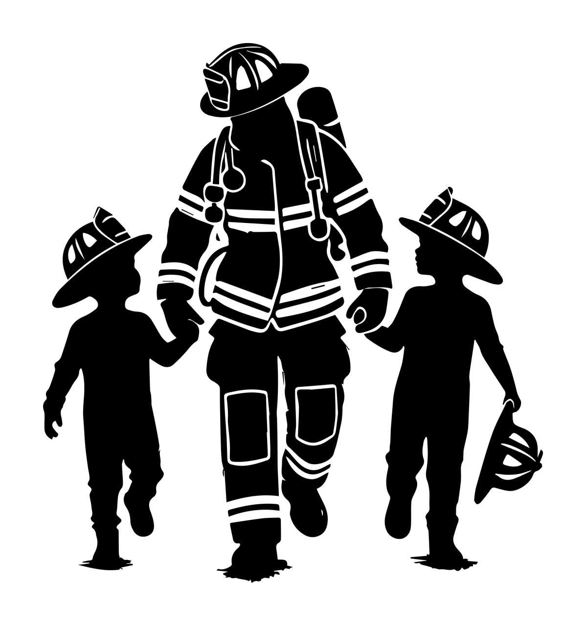 Firefighter Standing Between Two Small Children Holding hands