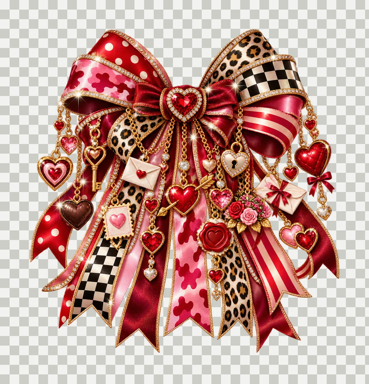 Valentine Hearts Bow Charm PNG, Themed Gold Chain Charms, Coquette Ribbon Sublimation Design, Transparent Digital Download transparency and detail preview thumbnail