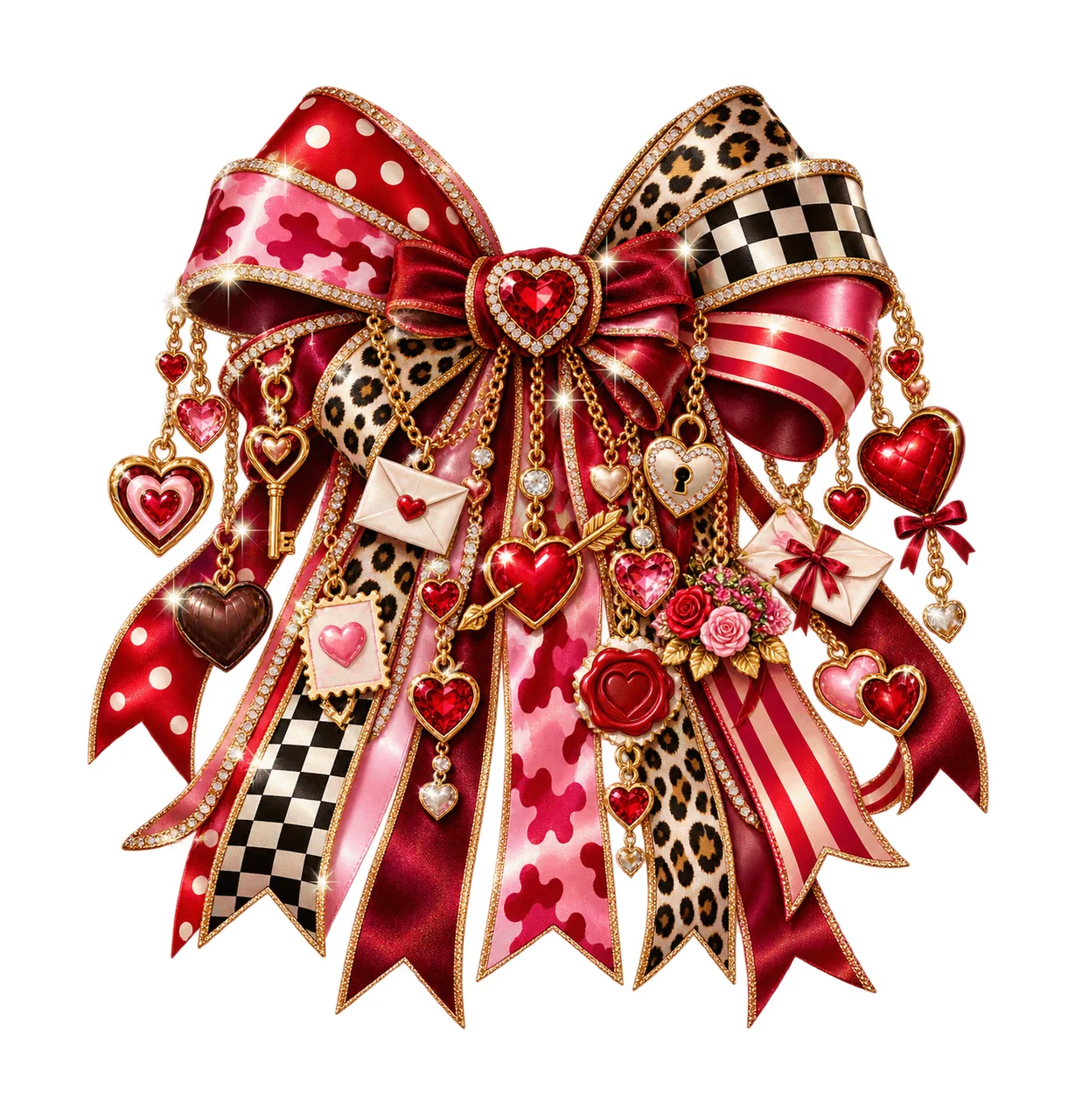 Valentine Hearts Bow Charm PNG, Themed Gold Chain Charms, Coquette Ribbon Sublimation Design, Transparent Digital Download