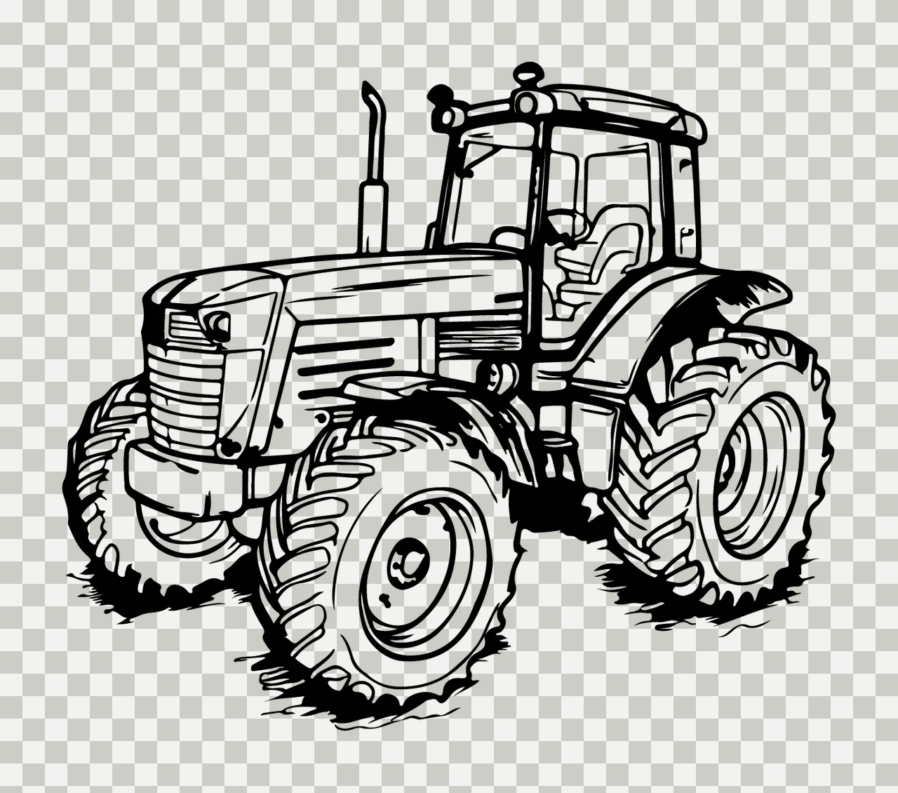 Simple Line Art Tractor Illustration wheels black white farm equipment transparency and detail preview thumbnail