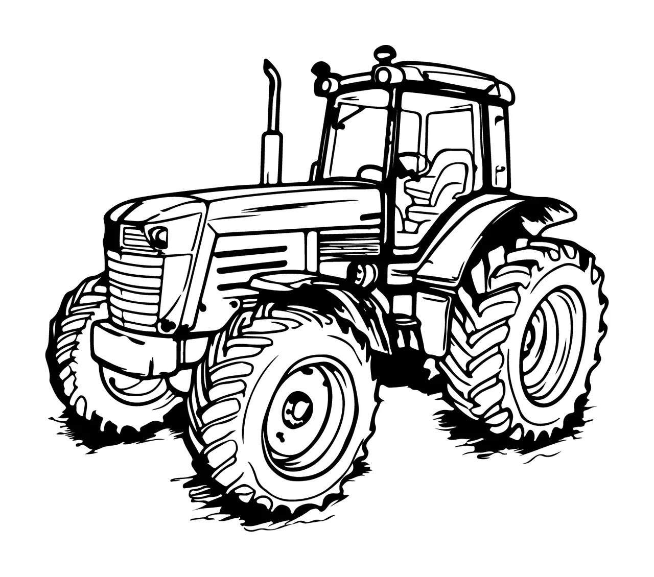 Simple Line Art Tractor Illustration wheels black white farm equipment