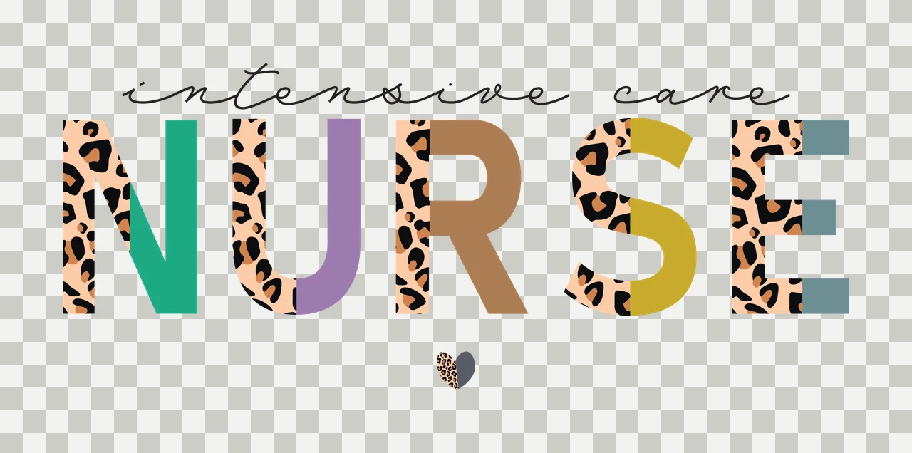 Intensive care NURSE Typography Design with block letters, cursive script text, leopard print pattern and heart icon in white, black and green transparency and detail preview thumbnail