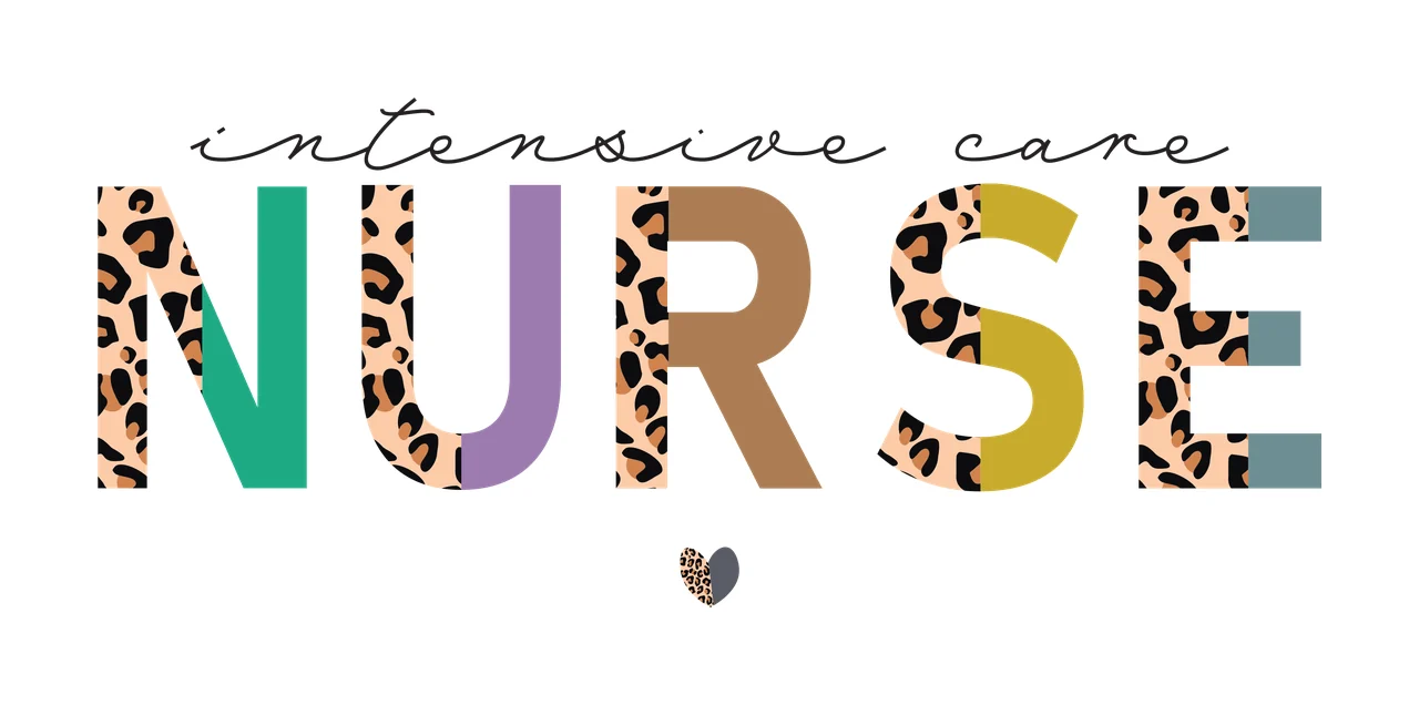Intensive care NURSE Typography Design with block letters, cursive script text, leopard print pattern and heart icon in white, black and green