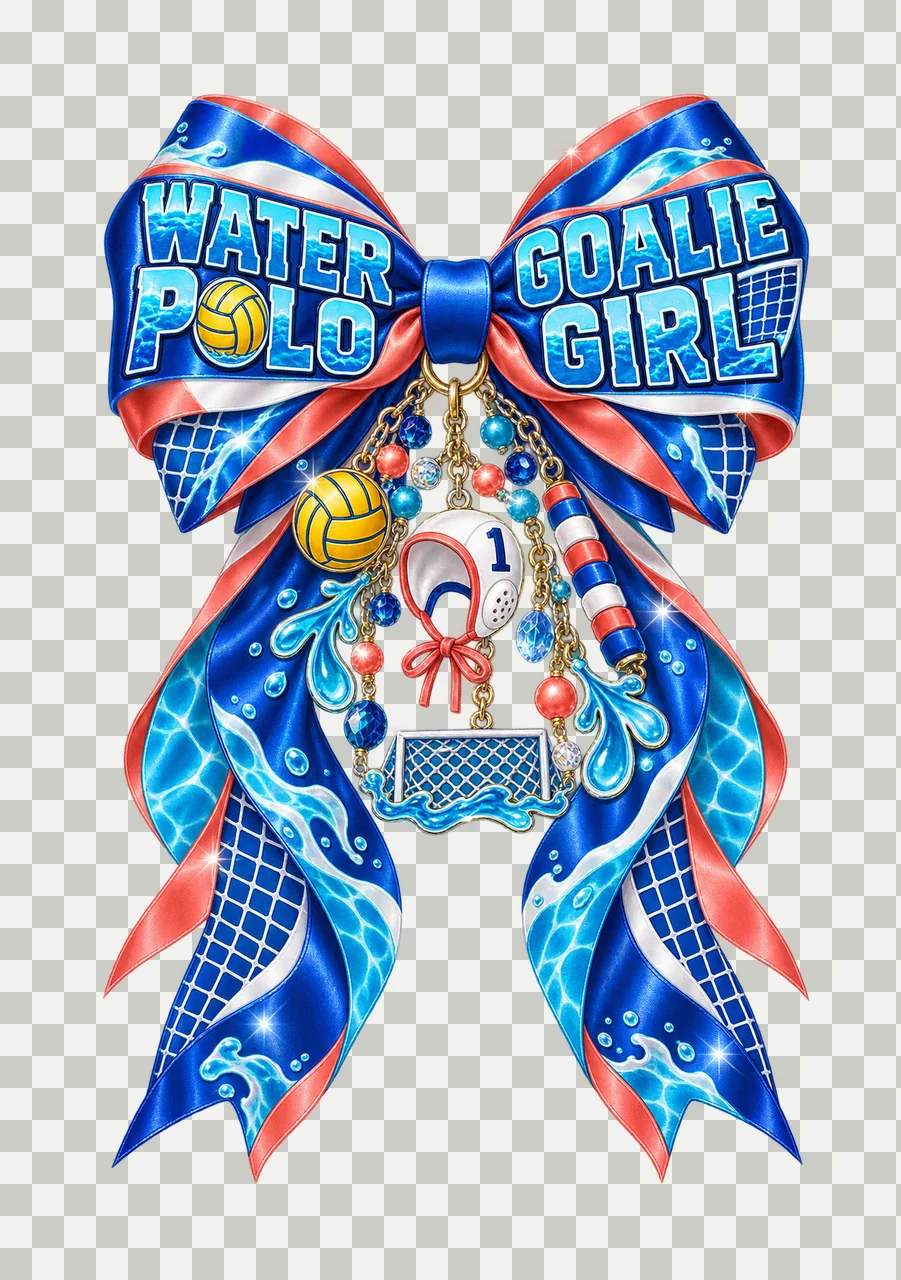 Water Polo Goalie Girl Bow Charm PNG, Coquette Ribbon Sublimation, Transparent Digital Download transparency and detail preview thumbnail