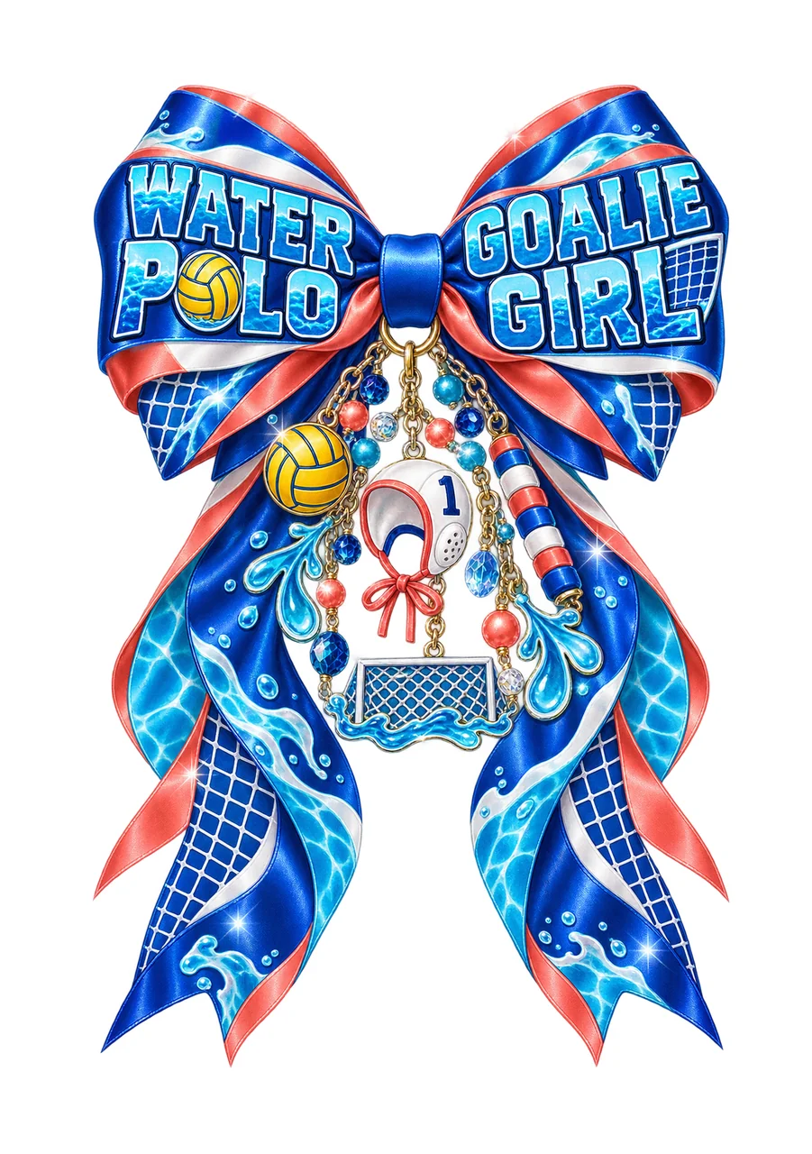 Water Polo Goalie Girl Bow Charm PNG, Coquette Ribbon Sublimation, Transparent Digital Download