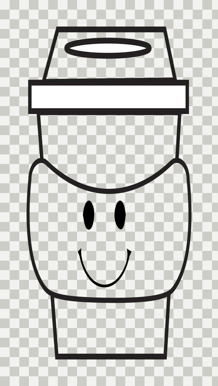 Cartoon Illustration of Smiling coffee cup with lid, handle, smile face and two eyes in black and white transparency and detail preview thumbnail