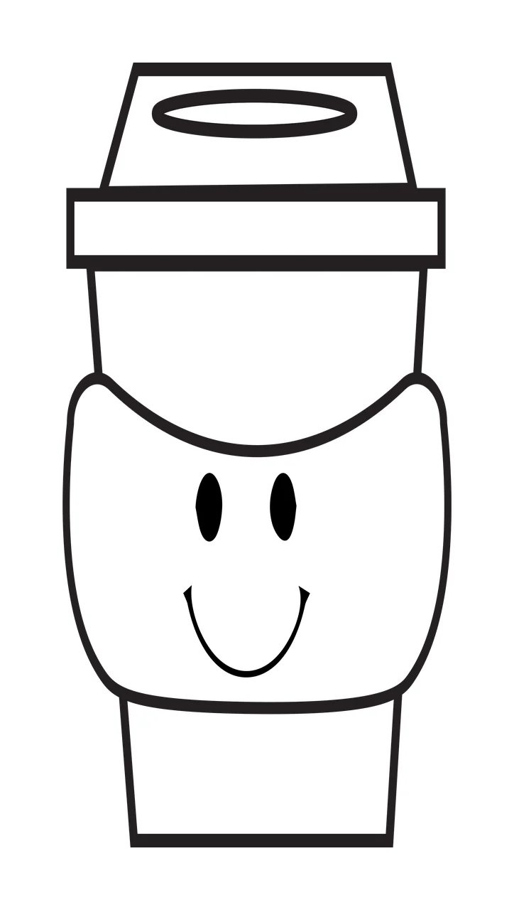 Cartoon Illustration of Smiling coffee cup with lid, handle, smile face and two eyes in black and white
