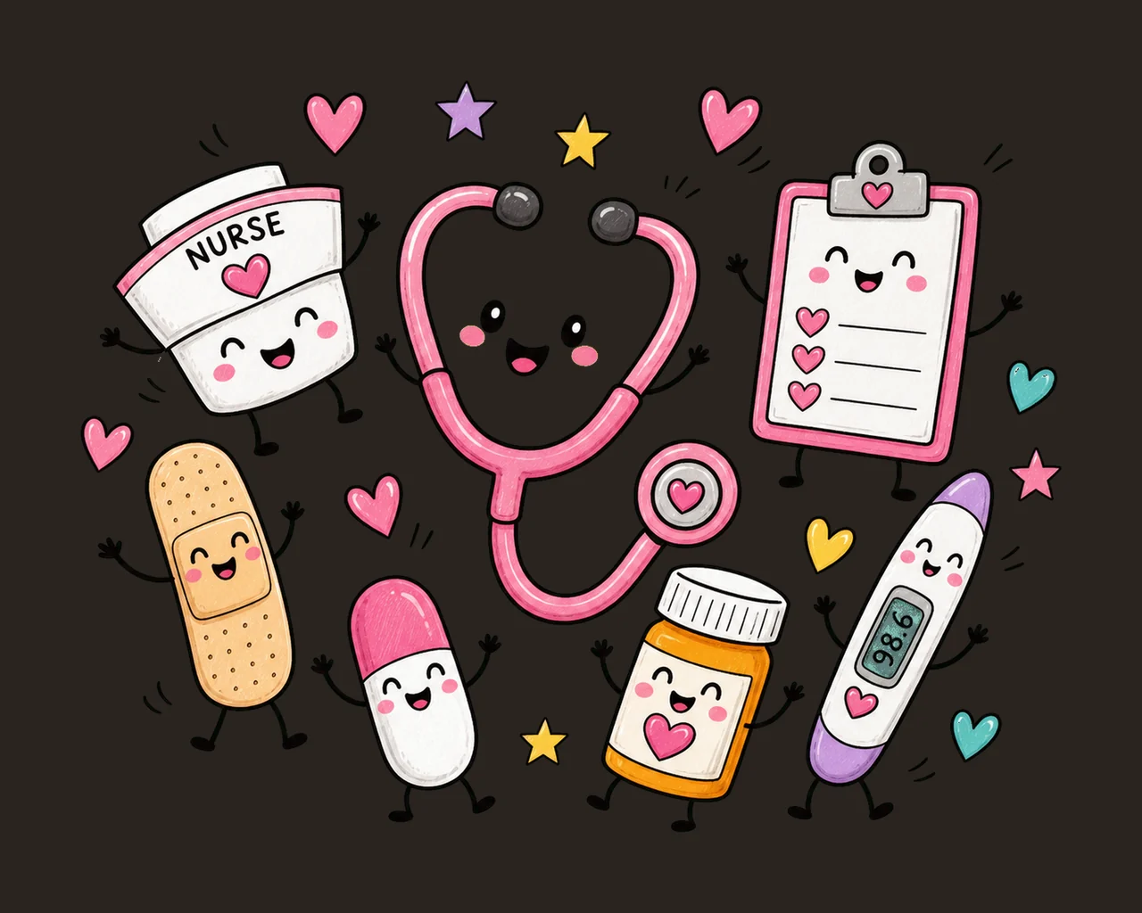 Nurse Characters Doodle Cute Happy Medical Variation E contrast preview thumbnail