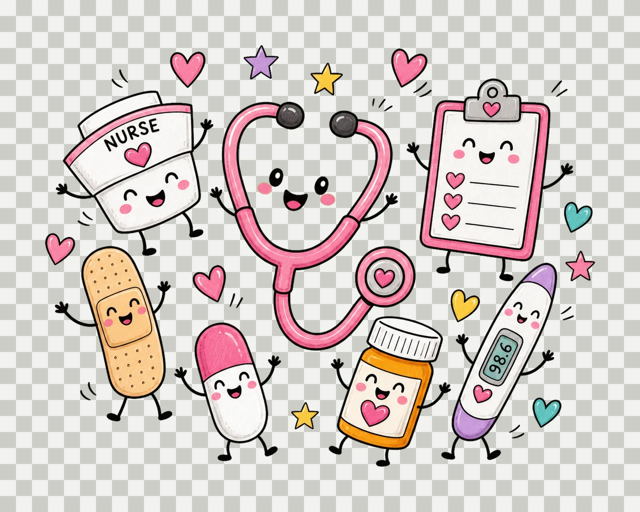 Nurse Characters Doodle Cute Happy Medical Variation E transparency and detail preview thumbnail