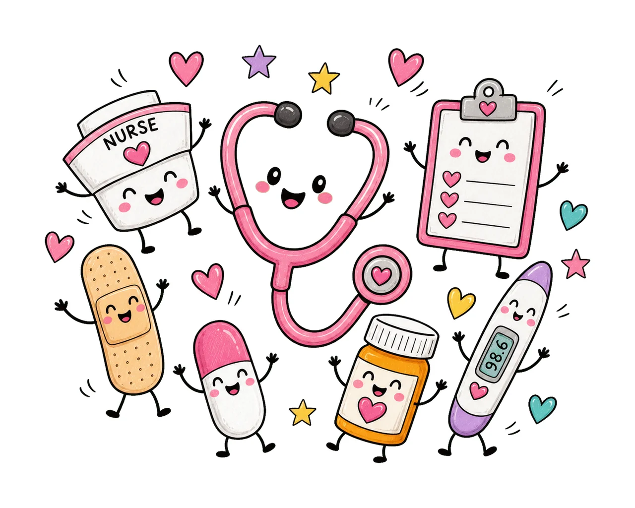Nurse Characters Doodle Cute Happy Medical Variation E