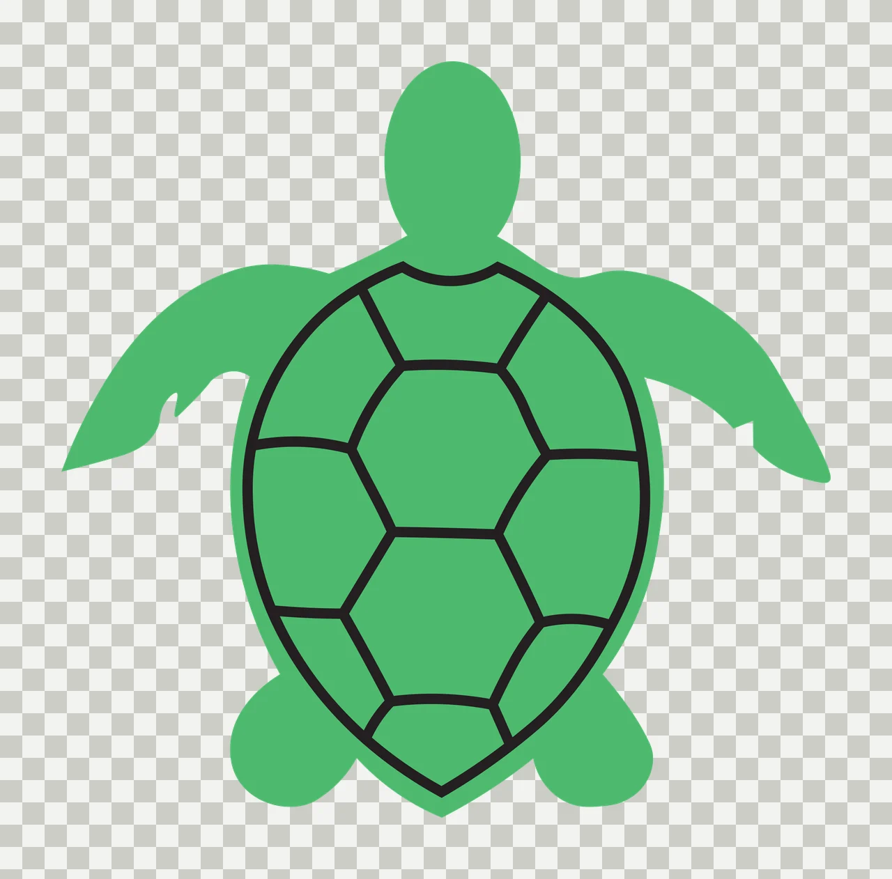 Silhouette Design of sea turtle with geometric shell pattern, flippers, head and tail in green, black and white transparency and detail preview thumbnail