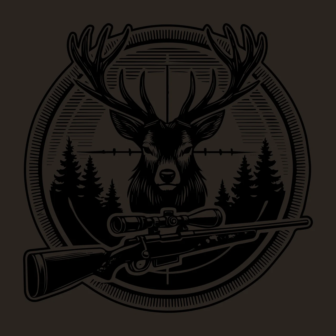 Deer Head And Rifle Inside Circle trees engraving black white contrast preview thumbnail