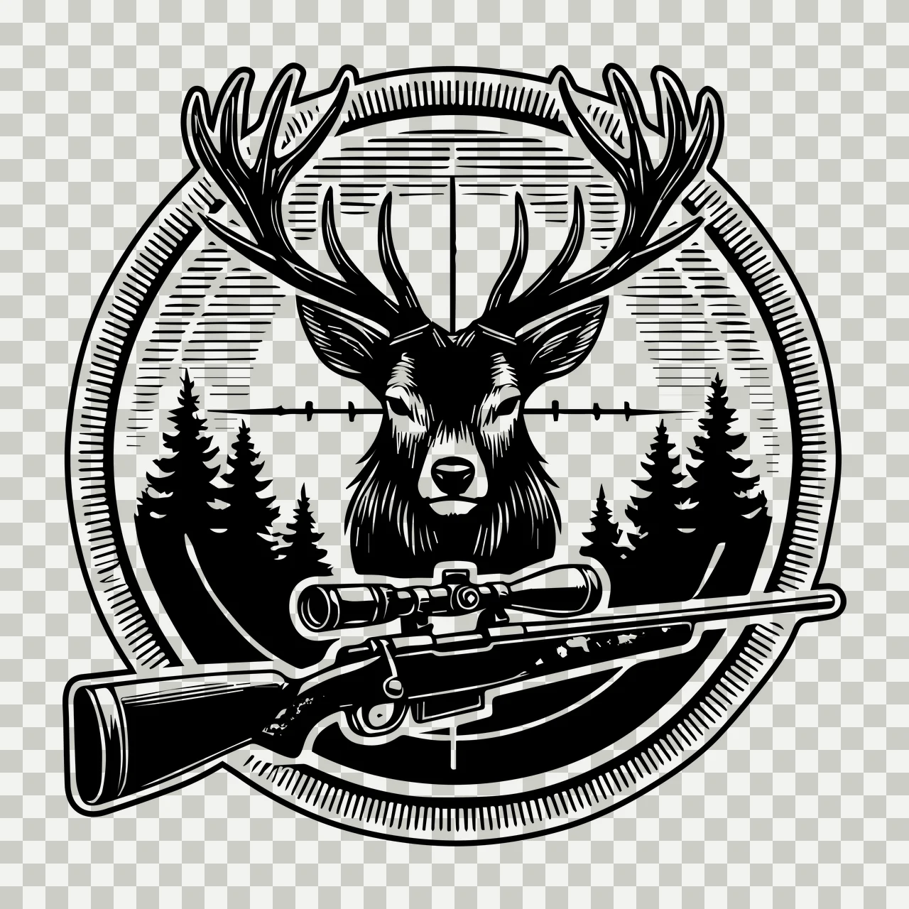 Deer Head And Rifle Inside Circle trees engraving black white transparency and detail preview thumbnail