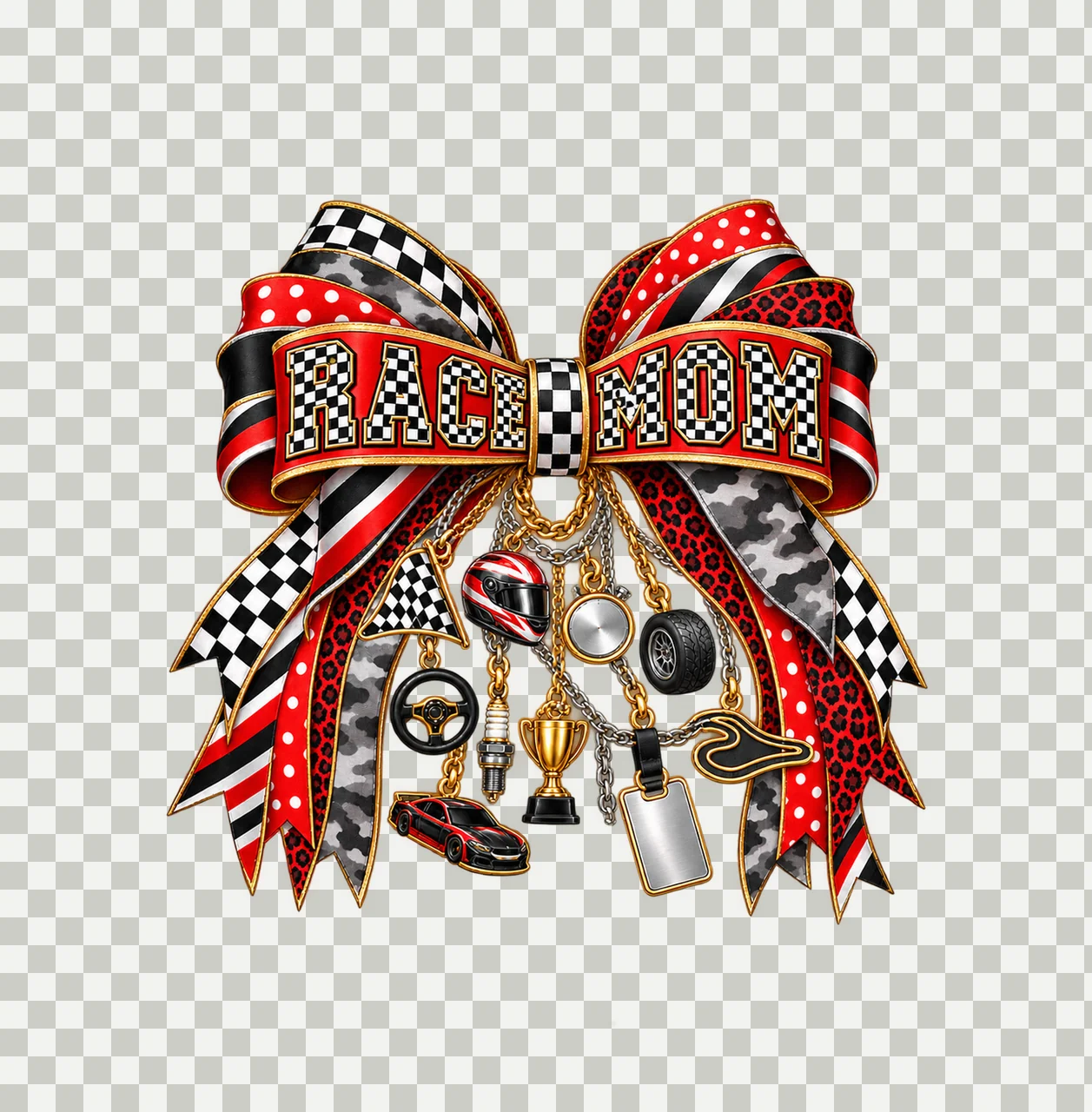 Race Mom Bow Charm PNG, Patterned Boutique Ribbon Clipart, Transparent Sublimation Digital Download transparency and detail preview thumbnail