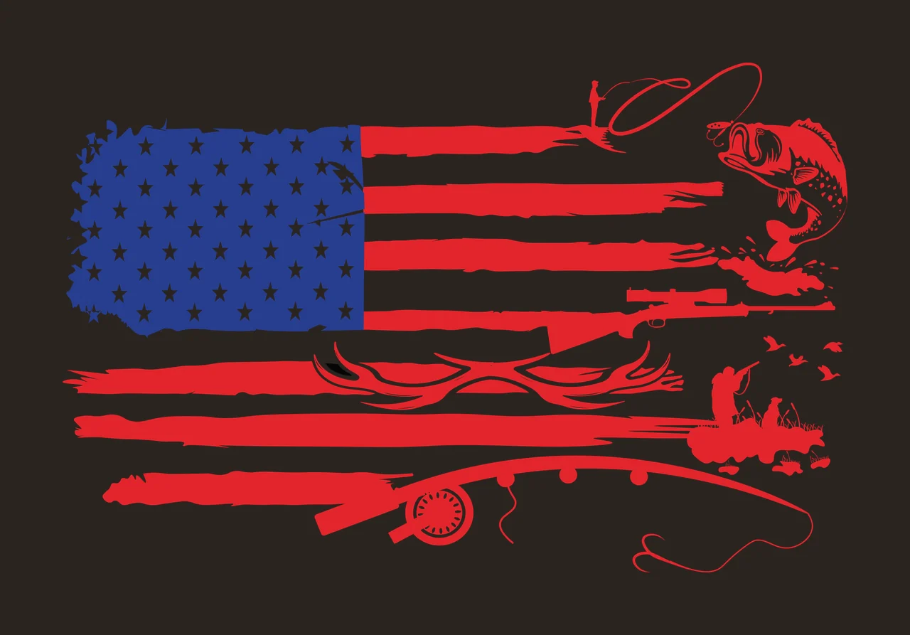 Fishing Usa Flag Silhouette With Gear rod fish antlers birds contrast preview thumbnail