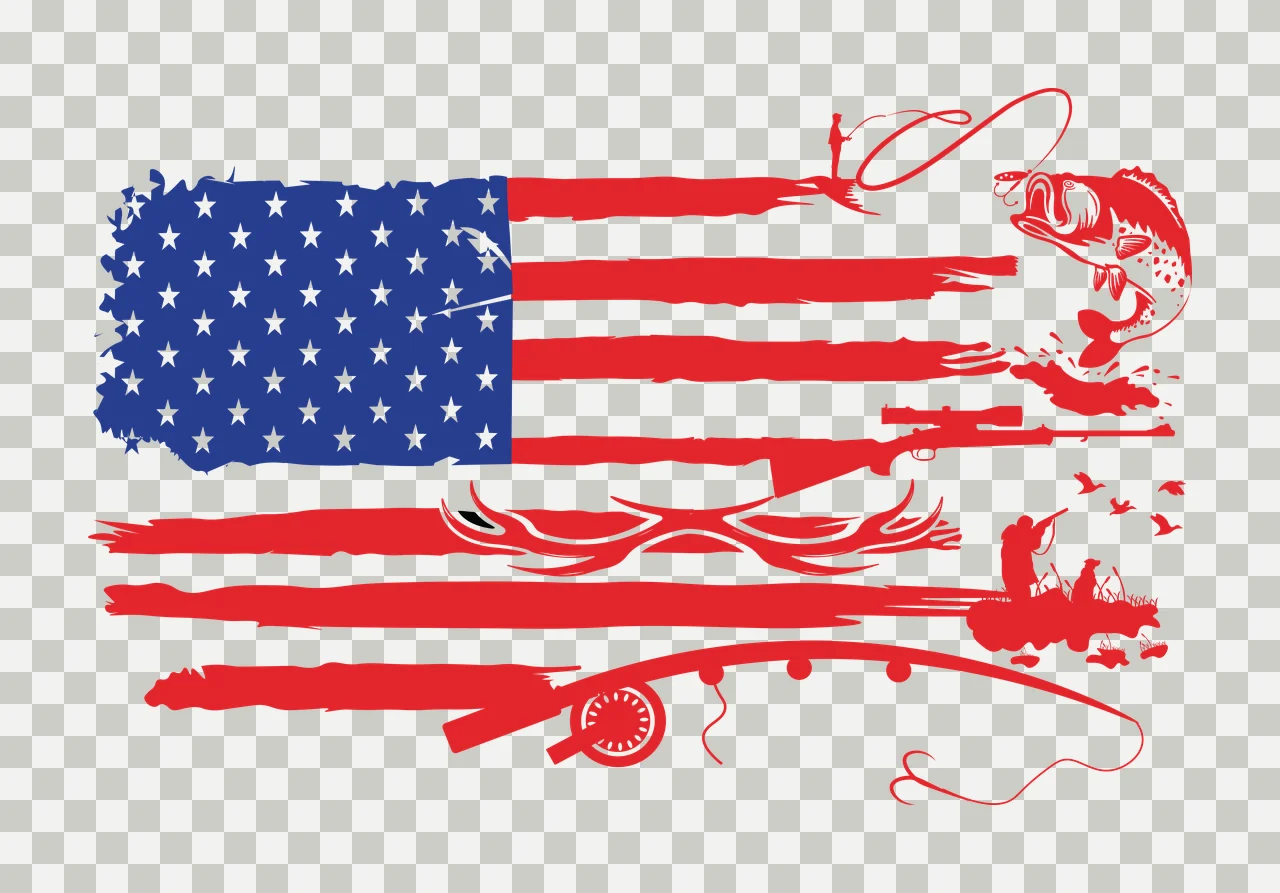 Fishing Usa Flag Silhouette With Gear rod fish antlers birds transparency and detail preview thumbnail