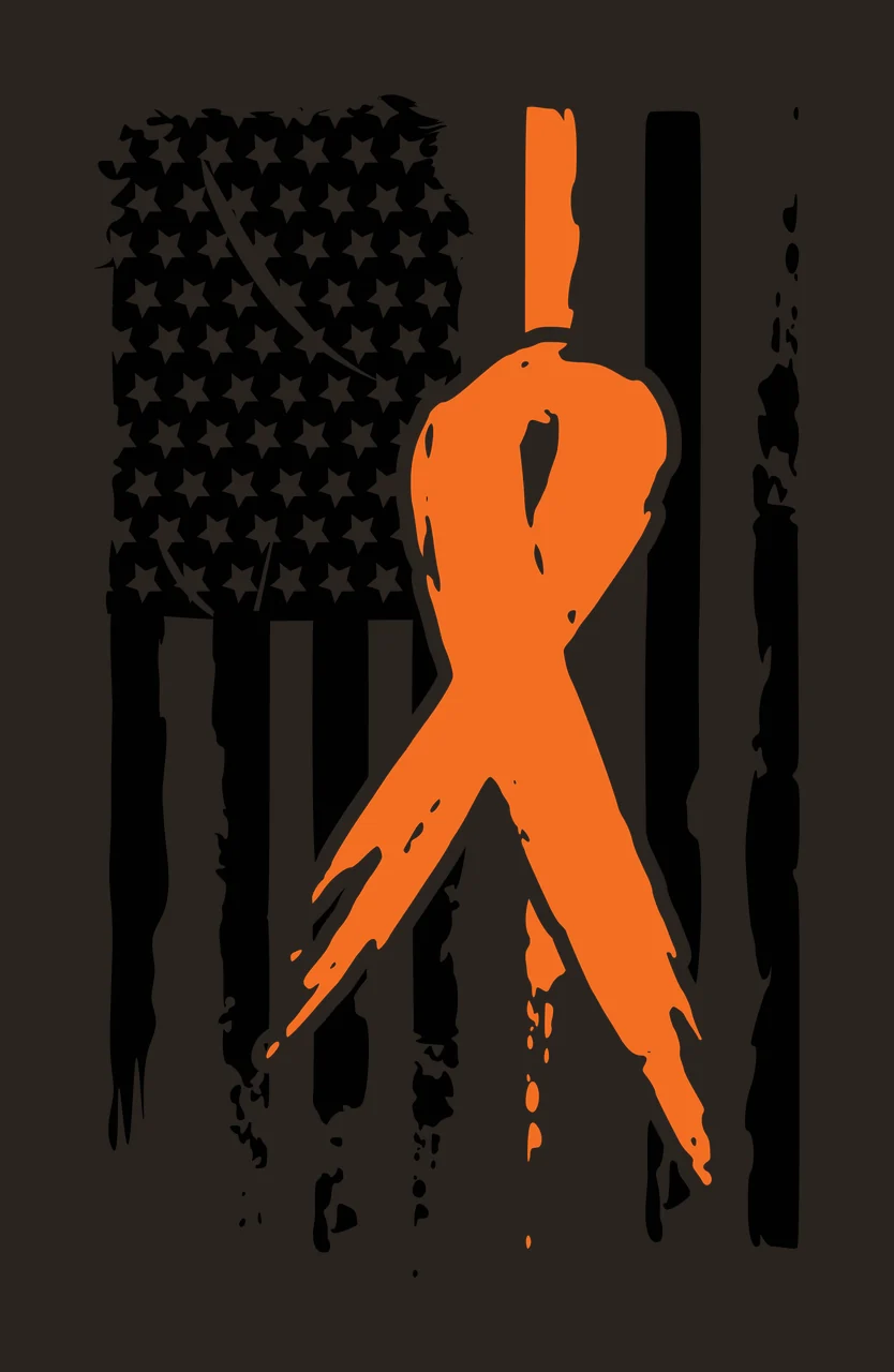 Orange ribbon superimposed on stylized American flag Illustration with black and white stars, black and white stripes and distressed paint effect contrast preview thumbnail