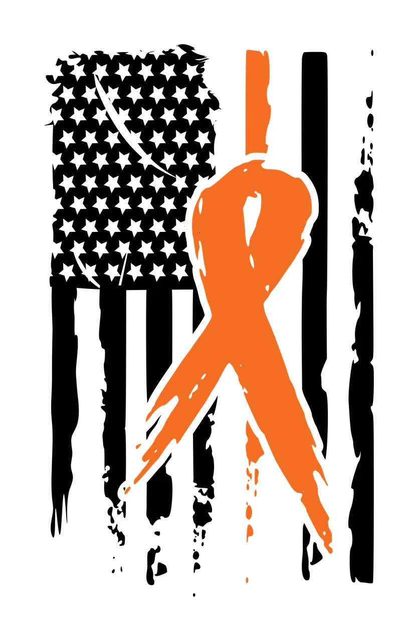 Orange ribbon superimposed on stylized American flag Illustration with black and white stars, black and white stripes and distressed paint effect